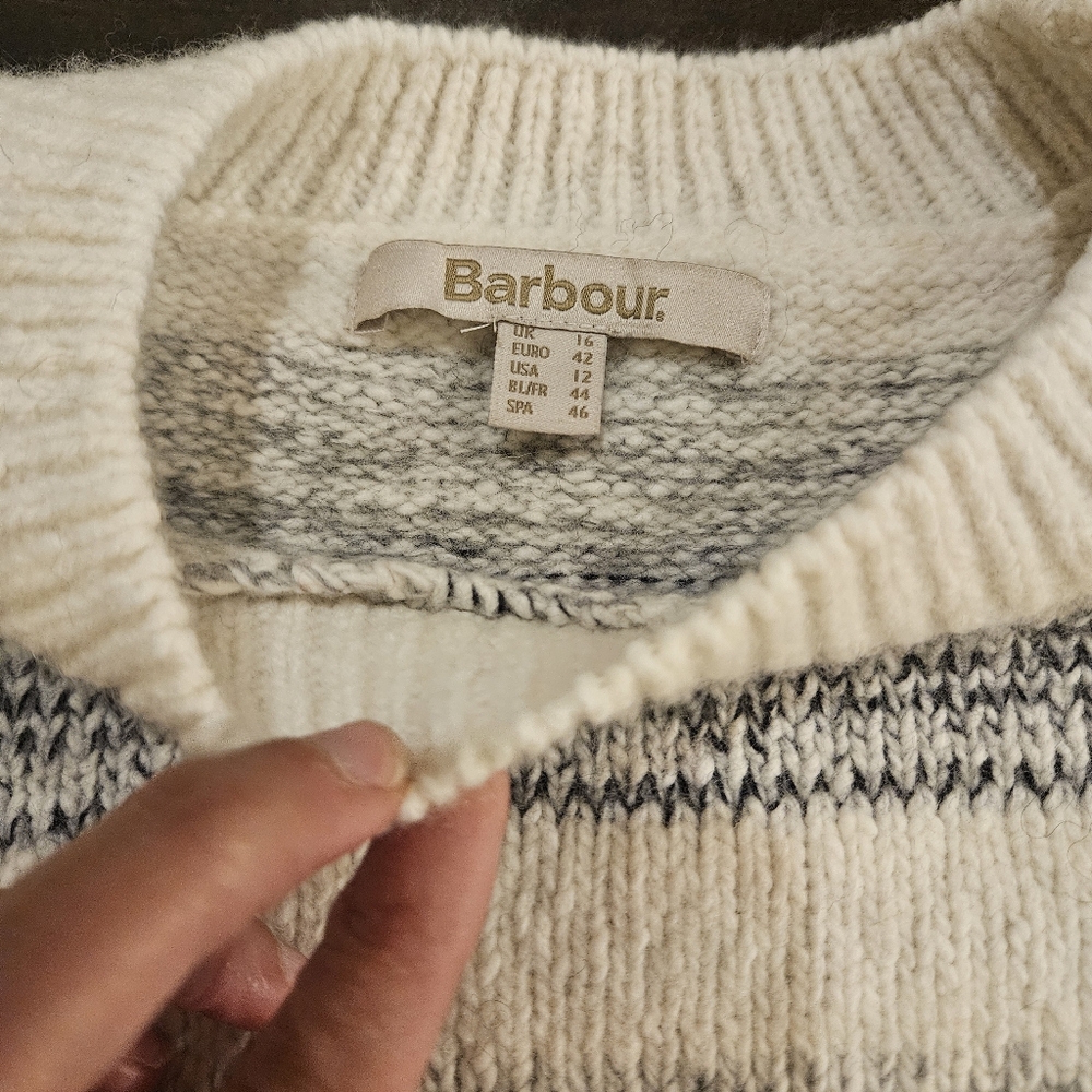 Barbour Ivory Grey Striped Anya Wool Blend Jumper Sweater US12 UK16 Chunky Prep - Picture 4 of 9